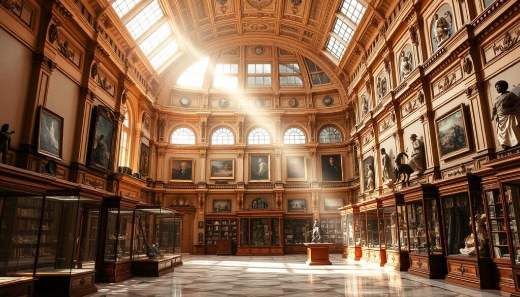A grand, ornate museum interior with intricate architectural details and a curated display of historic art and artifacts. Sunlight streams through large windows, casting a warm, inviting glow on the polished marble floors and gilded moldings. Rows of elegant display cases showcase a diverse collection of paintings, sculptures, and vintage curiosities, each piece a unique testament to the museum's dedication to preserving cultural heritage. The space exudes an atmosphere of reverence and scholarly contemplation, inviting visitors to immerse themselves in the museum's personal artistic and historical narratives.