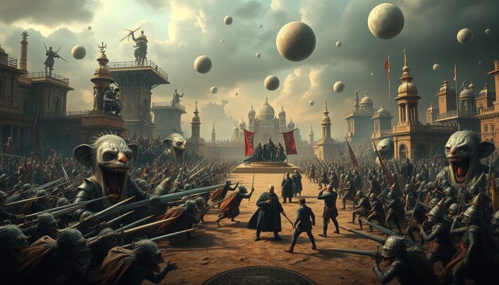 A grand panoramic landscape depicting a series of absurd historical conflicts, set against a sweeping cinematic backdrop. In the foreground, two armies of bizarre and fantastical creatures engage in a comical battle, wielding comically oversized weapons and sporting hilarious costumes. In the middleground, a group of figures representing historical figures engage in perplexing negotiations, their expressions and gestures conveying the sheer absurdity of the situation. The background features a dreamlike, surreal setting, with distorted architecture, floating objects, and a moody, atmospheric lighting that creates a sense of otherworldly whimsy. The overall scene is a visually striking and imaginative interpretation of the "Batallas Olvidadas con Desenlaces Totalmente Absurdos" theme, capturing the essence of "Guerras disparatadas y motivos inusuales a lo largo del tiempo".