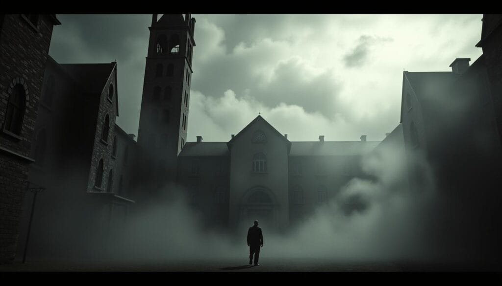 A gritty, cinematic rendering of the iconic mental asylum from "Shutter Island". The towering, windswept buildings loom in the foreground, their Gothic architecture casting dramatic shadows. In the middle ground, a lone figure steps through the eerie fog, their identity obscured. The Giro Narrativo, a supernatural twist, is hinted at in the swirling mist and ominous sky, tinged with an otherworldly glow. A chiaroscuro lighting scheme heightens the sense of mystery and unease. Meticulous attention to detail, from the rough-hewn stone walls to the rusted metal fittings, lends an air of authenticity. This visually stunning scene captures the essence of "Shutter Island" and the notion of an unexpected narrative shift.