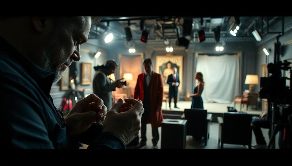 A high-contrast, cinematic scene depicting continuity errors in a movie production. In the foreground, a film crew member examines a prop item, noticing subtle differences from the previous shot. In the middle ground, actors perform a scene, their costumes and positioning slightly shifted between takes. The background shows a detailed film set, meticulously constructed but with small anomalies - a misplaced prop, a changed lighting setup, a continuity slip-up. The atmosphere is one of careful attention to detail, with a hint of subtle tension as the production team works to maintain consistency across multiple shots. Dramatic lighting and moody shadows add depth and drama to the composition.