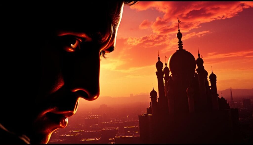 A high-contrast cinematic scene, juxtaposing the gritty realism of American History X with the vibrant fantasy of Aladdin. In the foreground, a close-up of a character's intense gaze, the deep shadows and highlights sculpting their face. In the middle ground, a dramatic cityscape, buildings casting long shadows against a richly saturated sky. In the background, a glimpse of a fantastical world, with towering palaces and swirling arabesques. The lighting is dramatic, creating sharp contrasts and a sense of tension. The overall mood is one of stark contrast, with a feeling of underlying darkness and mystique.