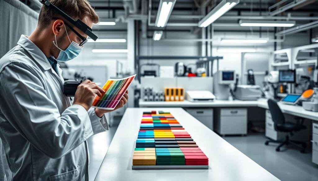 A high-contrast, detailed image of a quality control station in a modern industrial setting. The foreground features a technician carefully examining a color swatch against a neutral gray backdrop, using precision instruments and carefully calibrated lighting. In the middle ground, an array of colorful product samples are arranged on a clean, minimalist workbench. The background depicts a well-organized, technologically advanced laboratory environment with various measurement devices and digital displays. The overall mood conveys a sense of precision, professionalism, and the importance of color accuracy in industrial and commercial applications.