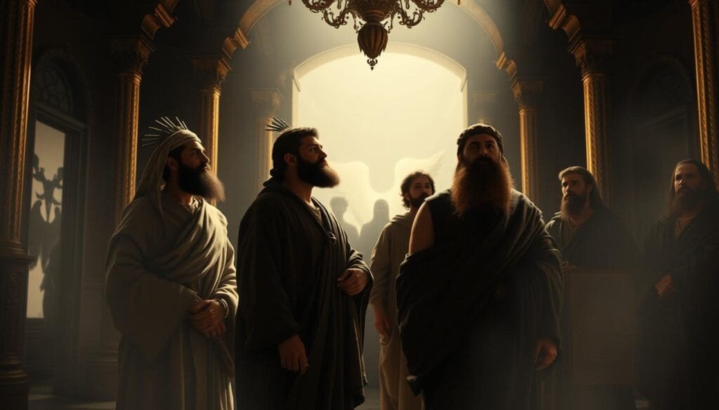 A high-resolution, photorealistic depiction of ancient Israelite prophets in the style of a classical renaissance painting. Set in a dimly lit, ornate interior with dramatic chiaroscuro lighting. The prophets, adorned in flowing robes and headdresses, stand solemnly in the foreground, gazing intently into the distance as if receiving divine visions. In the background, faint silhouettes of angels or celestial figures can be seen in the shadows. The overall scene conveys a sense of gravity, reverence, and the prophets' profound connection to the spiritual realm.