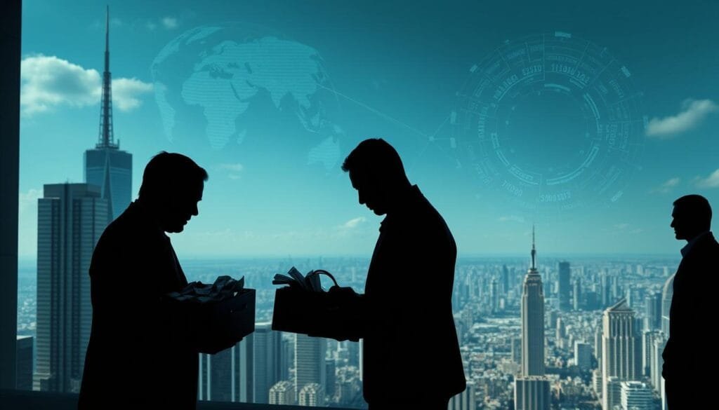 A high-stakes international fraud scheme, set against a backdrop of towering skyscrapers and bustling financial districts. In the foreground, shadowy figures exchange briefcases filled with illicit cash, their faces obscured by the chiaroscuro lighting. The middle ground depicts a web of complex financial transactions, with data streams and digital ledgers intertwining. In the distance, a panoramic view of a global metropolis, its skyline dominated by symbols of wealth and power. The scene exudes a sense of unease and moral ambiguity, inviting the viewer to consider the unseen machinations that underpin the world of international finance.