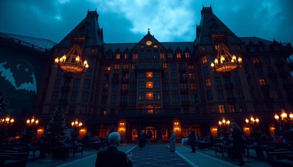 A historic hotel nestled in the Canadian Rockies, the Banff Springs Hotel stands tall and majestic, its grand architecture casting eerie shadows in the moonlight. Ghostly figures drift through the dimly lit corridors, their whispers echoing in the grand lobby. Ornate chandeliers cast a warm glow, illuminating the intricate wooden paneling and ornate furnishings. In the distance, a shadowy figure appears at the end of a long hallway, vanishing before your eyes. The air is thick with an unsettling presence, a palpable sense of the supernatural. Wisps of fog curl around the foundation, as if the earth itself is exhaling a centuries-old secret. This haunted hotel, steeped in history and shrouded in mystery, awaits your investigation.