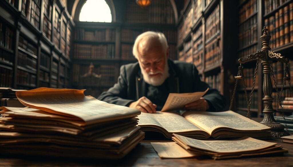 A historical fraud prevention scene with detailed foreground elements: a collection of historical documents, ledgers, and antique scales, subtly evoking the weight and gravity of financial wrongdoing. In the middle ground, an elderly scholar poring over tattered pages, brow furrowed in concentration. The background depicts a grand, dimly lit library, shelves of leather-bound books casting long shadows, conveying a sense of timeless knowledge and the importance of learning from the past. Soft, warm lighting illuminates the scene, creating an atmosphere of contemplation and reverence for uncovering the truth.