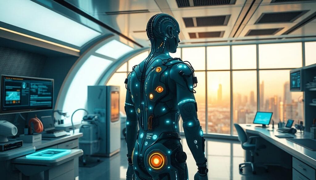A laboratory setting with a futuristic, high-tech ambiance. In the foreground, a human figure stands, their body adorned with various biohacking implants and modifications - glowing cybernetic enhancements, embedded sensors, and intricate circuitry. The middle ground features an array of advanced medical and scientific equipment, including holographic displays, 3D-printed organs, and sleek, minimalist workstations. The background shows a panoramic view of a sleek, modernist architecture, with large windows offering a glimpse of a city skyline in the distance, bathed in a warm, golden light. The overall atmosphere conveys a sense of cutting-edge innovation, scientific progress, and the blending of human and machine.