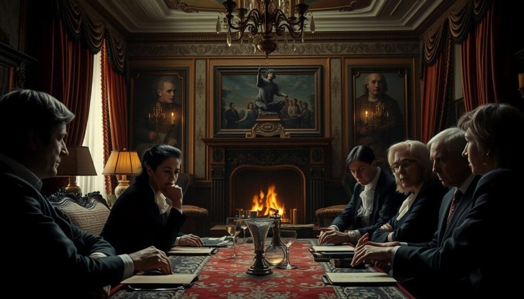 A lavish, ornate interior with heavy drapes, antique furniture, and a large fireplace in the background. In the foreground, a tense family gathering, with members locked in heated discussion, expressions of distrust and betrayal etched on their faces. Dramatic chiaroscuro lighting casts dramatic shadows, heightening the sense of intrigue and hidden agendas. The scene exudes an atmosphere of simmering tensions, the air thick with the weight of family secrets and the looming specter of betrayal. Opulent, yet claustrophobic, the image conveys the complex web of familial power struggles and the delicate balance of trust and deception.