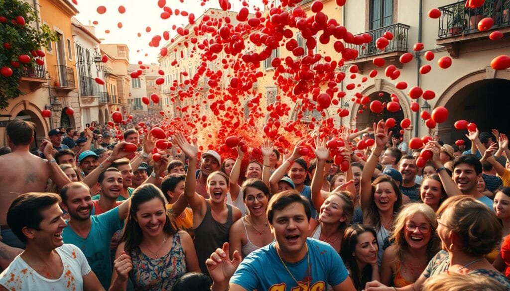 A lively scene of the iconic Tomatina festival in Buñol, Spain. In the bustling foreground, crowds of revelers in vibrant, playful attire engage in a riotous tomato-throwing frenzy, their faces alight with joy and exhilaration. The middle ground features a sea of red, pulpy tomatoes cascading through the air, creating a dynamic, visually striking composition. In the background, the quaint Spanish architecture of Buñol's historic town center provides a charming, old-world backdrop, the buildings bathed in warm, golden afternoon light. The overall atmosphere conveys a sense of unbridled celebration, cultural tradition, and the pure, messy delight of this unique, vibrant festival.