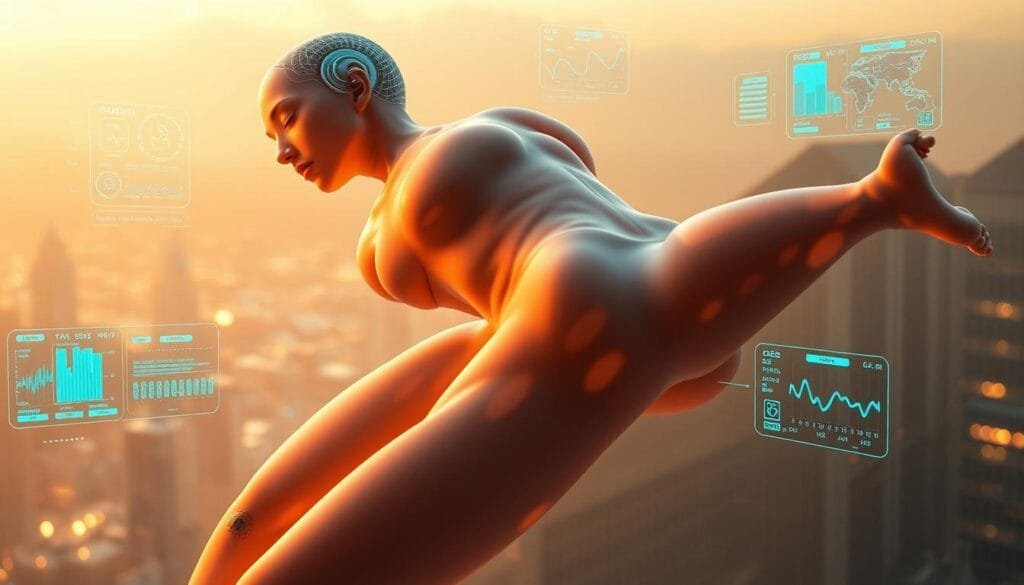 A lush, technologically-enhanced human form floats in a serene, futuristic setting. The figure is bathed in warm, soft lighting, giving an ethereal, almost glowing quality. The skin is enhanced with subtle cybernetic implants, seamlessly integrated for improved physiological functions. Surrounding the figure, holographic displays showcase dynamic readouts of vital signs, performance metrics, and neural activity. In the background, a softly lit cityscape hints at advanced medical and biomechanical innovations. The overall atmosphere is one of harmony between technology and the human body, projecting a sense of enhanced health, vitality, and elevated human potential.