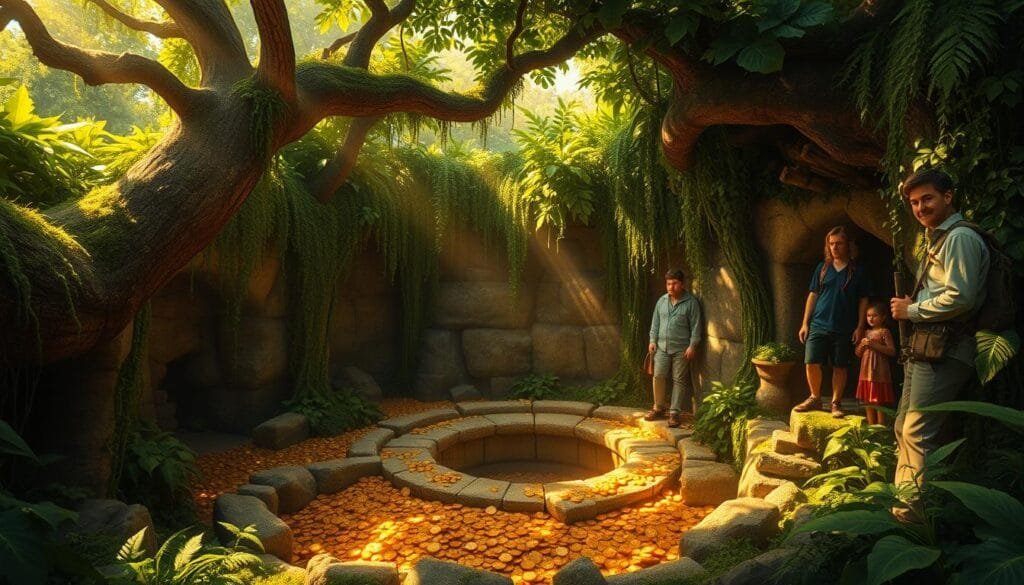A lush, verdant island shrouded in mystery, the Isle of Oak conceals a legendary treasure trove deep underground. In the center of this verdant paradise, a vast, ancient well yawns open, its depths brimming with the glint of gold and silver coins. Sunlight filters through the lush canopy, casting a warm, amber glow upon the weathered stone walls of the well. Moss-covered vines cling to the edges, hinting at the passage of centuries. The air is thick with the scent of exotic flora, creating an atmosphere of enchantment and adventure. Explorers, drawn by the promise of untold riches, peer cautiously into the shadowy abyss, their faces etched with a mix of trepidation and excitement. This is the legendary "Money Pit", a subterranean realm where the boundaries between reality and legend blur, and the promise of lost treasure beckons the bold.