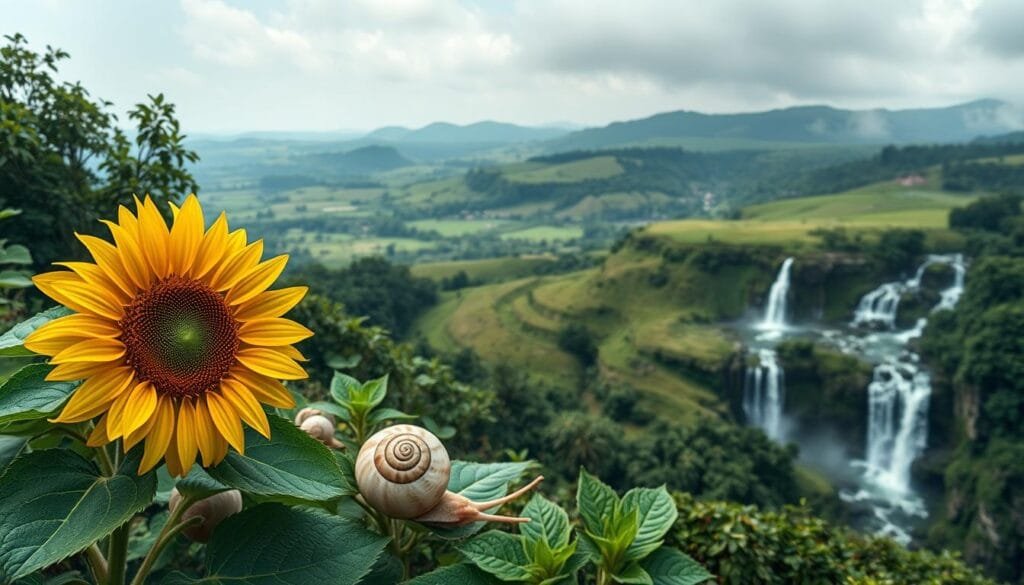 A lush, verdant landscape teeming with the mesmerizing patterns of the Fibonacci sequence. In the foreground, a vibrant sunflower blooms, its spiraling petals exhibiting the iconic Fibonacci curve. In the middle ground, swirling seashells and snail shells showcase the natural elegance of this mathematical phenomenon. Sweeping through the background, a panoramic vista of rolling hills and cascading waterfalls, where the rhythmic flow of the water mirrors the Fibonacci progression. Soft, diffused lighting casts a serene, contemplative atmosphere, inviting the viewer to appreciate the hidden code of nature. Captured with a wide-angle lens to showcase the breathtaking harmony of this Fibonacci-inspired landscape.