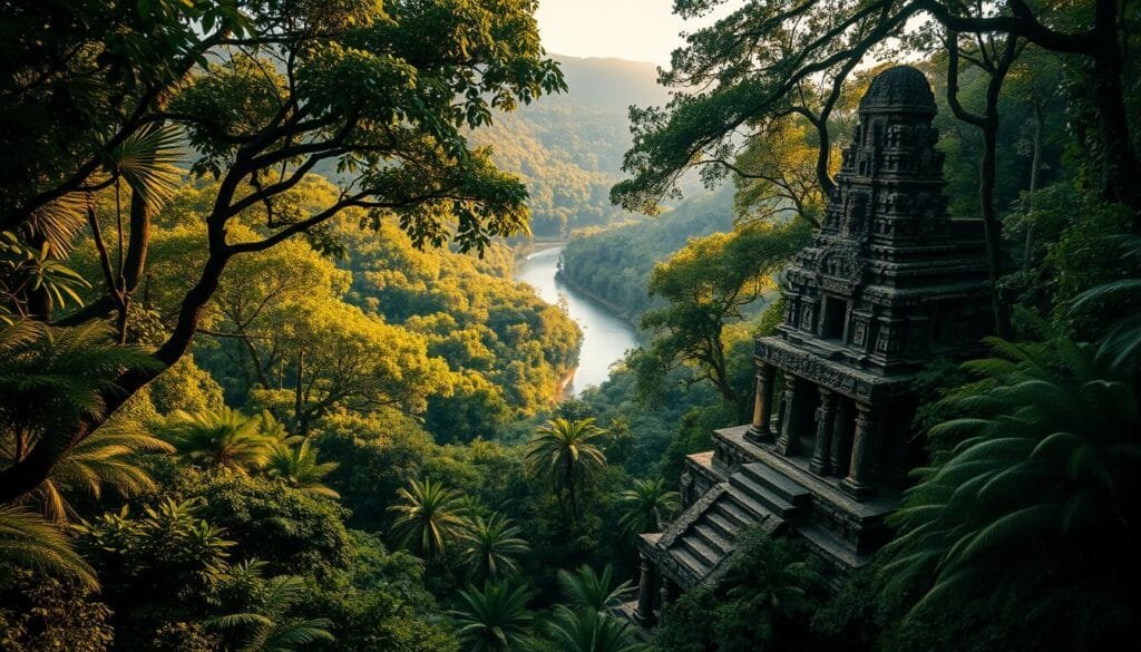 A lush, verdant rainforest canopy shrouds the ancient ruins of Paititi, the legendary lost city of the Incas. Towering stone monuments and crumbling temples emerge from the verdant undergrowth, their intricate carvings hinting at the grandeur of a long-vanished civilization. Golden light filters through the dense foliage, casting a warm, mystical glow over the weathered structures. In the distance, a winding river snakes through the jungle, its tranquil waters mirroring the sky above. A sense of mystery and wonder permeates the scene, inviting the viewer to imagine the untold treasures that may still lie hidden within Paititi's forgotten depths.