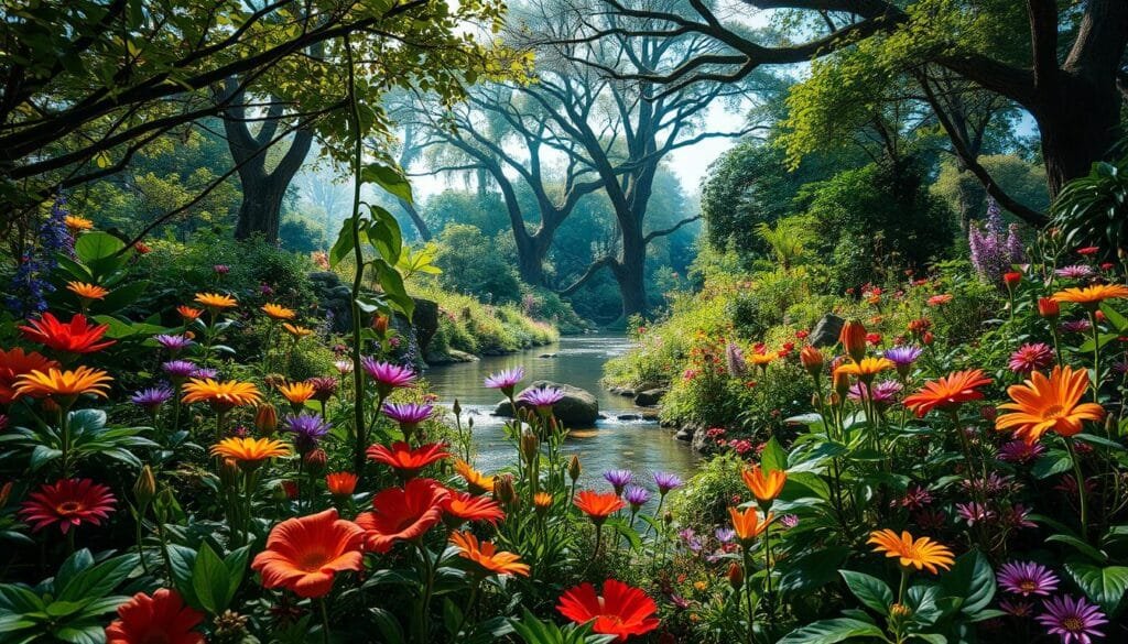 A lush, vibrant ecosystem teeming with diverse flora and fauna. In the foreground, a kaleidoscope of colorful flowers and foliage, their intricate petals and leaves dancing in a gentle breeze. The middle ground reveals a tranquil stream, its crystal-clear waters reflecting the surrounding greenery. In the distance, a majestic canopy of towering trees, their branches forming a natural cathedral filtering dappled sunlight. The scene exudes a sense of harmony and balance, a testament to the delicate, interconnected web of life that comprises the rich biodiversity of our planet. Capture this scene with a wide-angle lens, using soft, warm lighting to accentuate the vivid hues and create an inviting, immersive atmosphere.