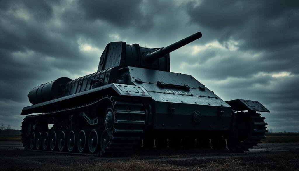 A massive, lumbering electric tank from the First World War era, its angular steel frame and treads silhouetted against a moody, overcast sky. The turret's cannon protrudes menacingly, hinting at the destructive power hidden within. The tank's surface is pitted and scarred, a testament to the brutal conditions of the battlefield. Shadows cast by the tank's bulk create a sense of ominous foreboding, while the faint glow of its electric motors adds an eerie, futuristic touch. This formidable machine, a precursor to modern armored vehicles, represents the technological advancements in military hardware during a time of global conflict.