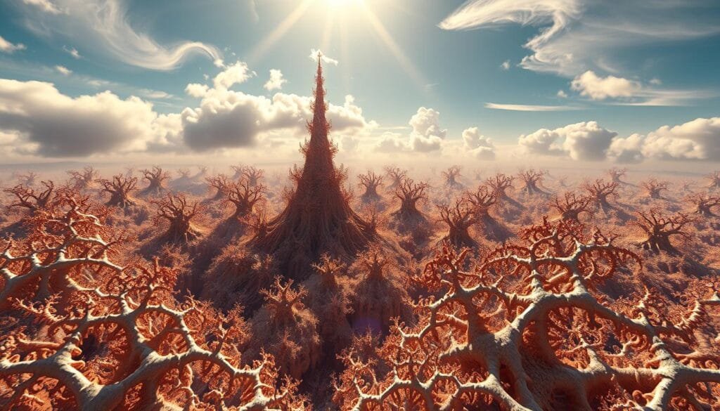 A mesmerizing fractal landscape, with intricate branching patterns that resemble the growth of natural forms. Sunlight filters through wispy clouds, casting a warm, ethereal glow over the scene. In the foreground, delicate, self-similar shapes intertwine, creating a captivating visual rhythm. The middle ground features a towering fractal structure, its fractal branches reaching skyward, evoking a sense of the hidden mathematical order underlying the natural world. In the distant background, a vast, dreamlike fractal horizon stretches out, hinting at the infinite complexity and scale of these geometric marvels. The overall atmosphere is one of wonder and discovery, inviting the viewer to contemplate the hidden code that gives rise to the beauty of nature.