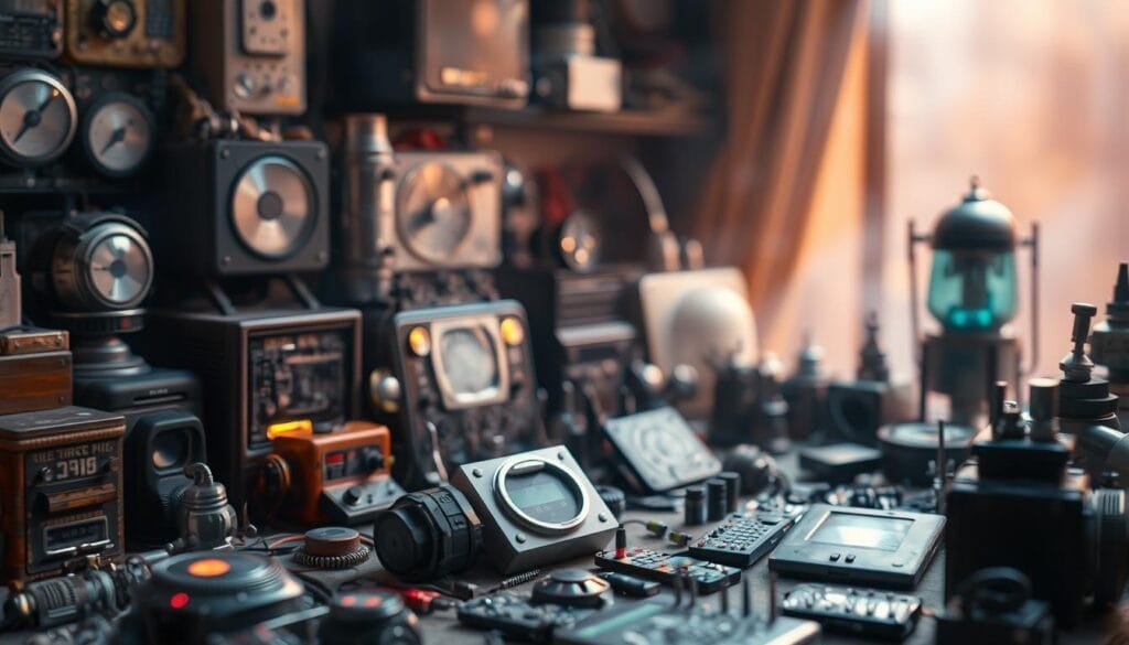 A meticulously crafted tableau of technological treasures and miniatures. In the foreground, an array of captivating trinkets and gadgets, their intricate details glinting under the warm, soft lighting. In the middle ground, a collection of vintage electronics and mechanical wonders, each piece a testament to human ingenuity. The background fades into a hazy, atmospheric setting, suggesting a private collector's sanctuary, a haven for these technological relics. The scene emanates a sense of wonder and nostalgia, inviting the viewer to closely examine these captivating miniatures and imagine the stories they hold.