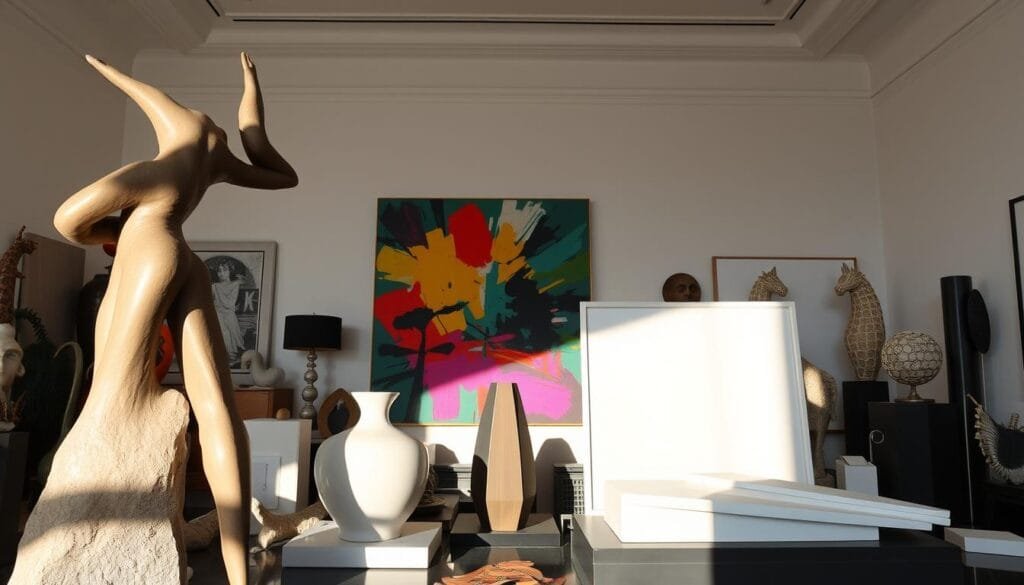 A meticulously curated art and design collection fills the frame, showcasing an eclectic mix of avant-garde sculptures, vibrant paintings, and sleek architectural models. The foreground features a striking abstract sculpture, its bold lines and dynamic form casting captivating shadows. In the middle ground, a vibrant canvas bursts with colorful brushstrokes, while a minimalist, angular vase stands nearby. The background reveals an elegant, gallery-like setting, with high ceilings and pristine white walls that accentuate the artworks. The overall atmosphere exudes a sense of refined sophistication, inviting the viewer to explore and appreciate the intersection of art, design, and collecting.