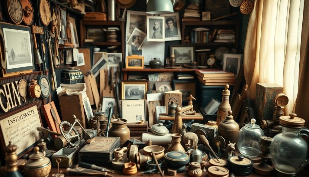 A meticulously curated collection of everyday objects, artfully arranged in a warm, inviting light. The foreground features an eclectic assortment of vintage trinkets, worn tools, and repurposed knickknacks, each with its own unique story. The middle ground showcases a variety of personal mementos, from photographs to diaries, reflecting the collector's passions and experiences. In the background, a cozy, cluttered environment hints at the devotion and dedication required to amass such a captivating array of the mundane made magnificent. The overall mood is one of intrigue and fascination, inviting the viewer to linger and discover the hidden significance within these cherished, commonplace items.