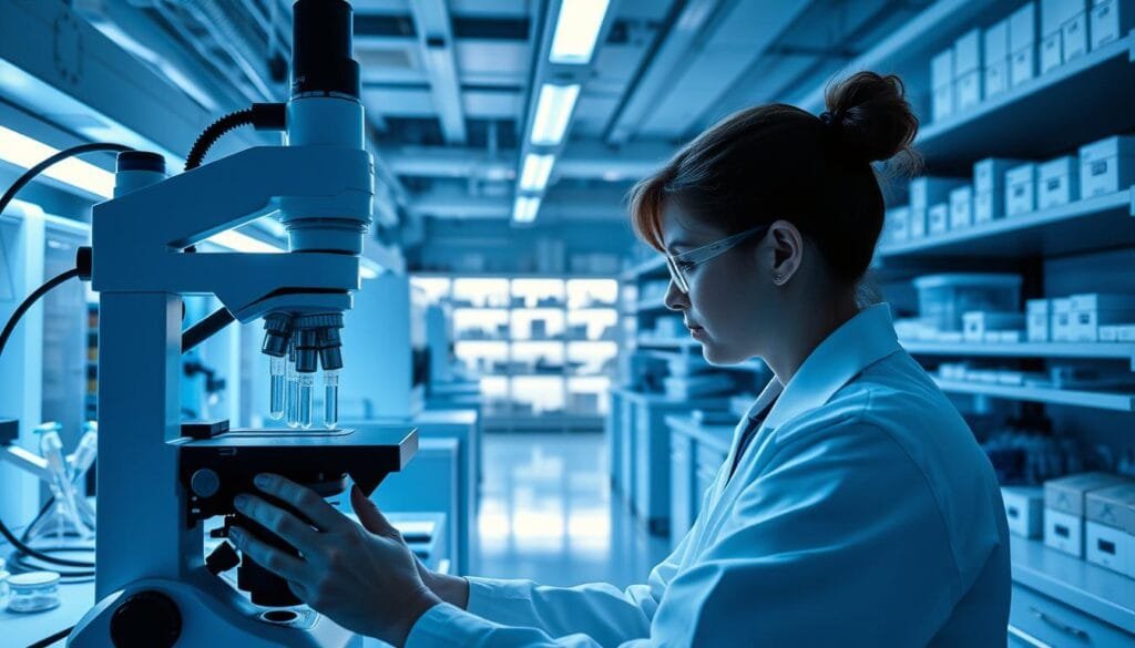 A modern molecular biology laboratory, bathed in cool blue and white lighting. In the foreground, a scientist examines a sample through a high-powered microscope, their hands delicately manipulating pipettes and test tubes. In the middle ground, rows of advanced analytical equipment stand ready, their digital displays flickering with data. The background is a maze of shelves stocked with neatly labeled reagents and equipment, hinting at the complex techniques used to study the intricate structure and function of DNA, the code of life.