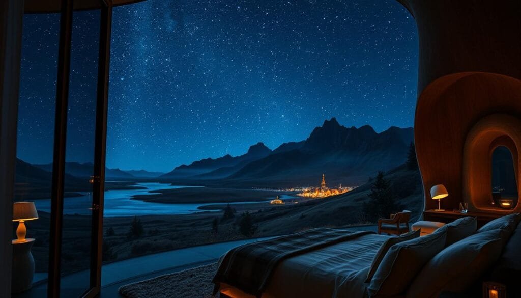 A mysterious and enchanting night scene, captured in a dreamlike atmosphere. In the foreground, a cozy and uniquely-designed hotel room with floor-to-ceiling windows offering a breathtaking view of the starry sky. Soft, warm lighting creates a cozy ambiance, while the avant-garde furnishings and architecture evoke a sense of wonder and adventure. In the middle ground, a serene natural landscape unfolds, with rolling hills and a glimmering lake reflecting the celestial display above. In the background, towering mountains rise, their peaks silhouetted against the deep indigo sky, dotted with twinkling stars. An ethereal and otherworldly mood pervades the scene, inviting the viewer to imagine the unique, unforgettable experiences that may await within this extraordinary lodging.