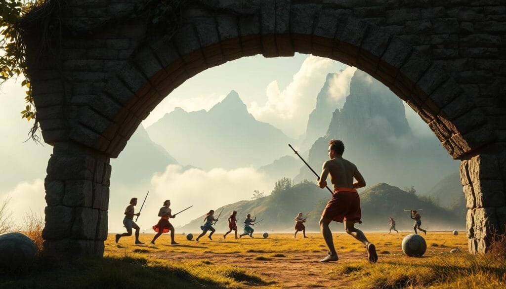 A mystical landscape where forgotten sports come to life. In the foreground, a weathered stone archway stands as a portal to a bygone era, vines and moss clinging to its ancient surface. Beyond, a surreal scene unfolds: athletes from eras past engage in peculiar competitions, their movements fluid and otherworldly. The middle ground features a bizarre game of some sort, players wielding strange implements as they compete in a ritual dance. In the background, towering mountains loom, their peaks shrouded in mist, hinting at the hidden histories and lost traditions that lie within. Soft, golden light filters through, casting a warm, nostalgic glow over the entire scene. An atmosphere of mystery and wonder pervades, inviting the viewer to uncover the forgotten origins of these bizarre sports.