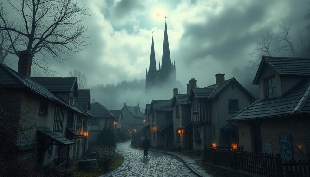 A quaint village nestled in the rolling hills, shrouded in a mystical haze. Dilapidated cottages and winding cobblestone streets set the stage for ghostly apparitions. Flickering candles cast an eerie glow, drawing visitors to explore the paranormal lore. A lone figure glides through the mist, piquing curiosity about the unseen forces that lurk in the shadows. Towering church spires reach towards a moonlit sky, hinting at the spiritual energies that permeate this enchanted place. Paranormal tourism thrives here, where the line between the physical and the ethereal blurs, inviting the brave to uncover the secrets of this haunted hamlet.