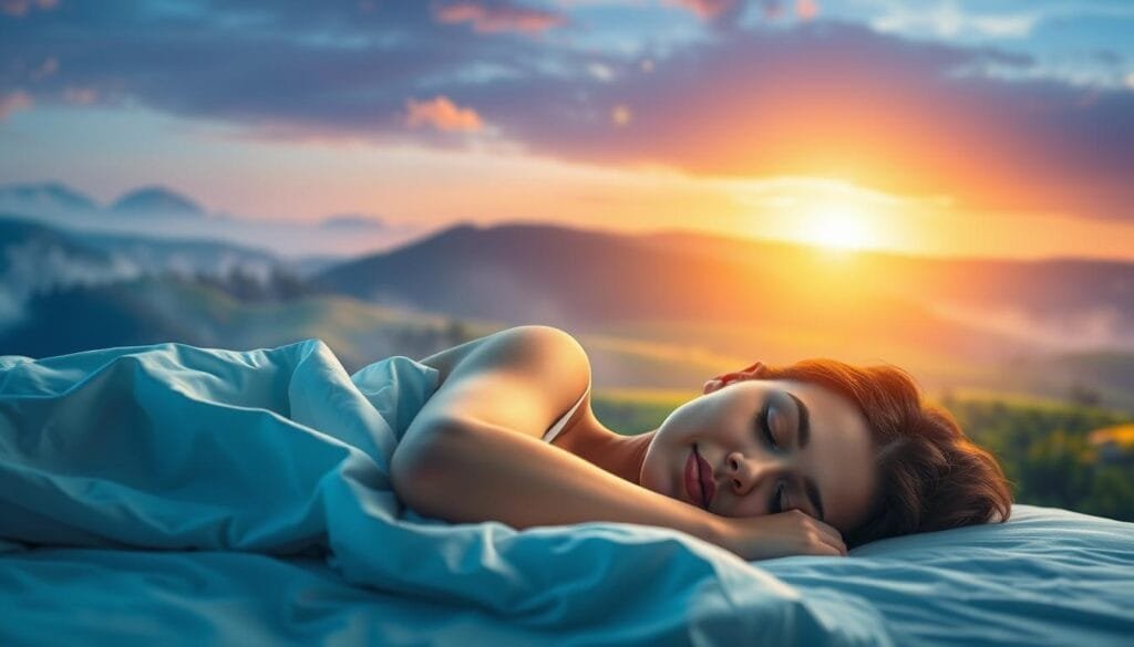 A serene and calming scene depicting the benefits of sleep. In the foreground, a person resting peacefully on a soft, comfortable bed, their face relaxed and expression tranquil. Mid-ground, soothing blue and purple hues suggest a restful and rejuvenating atmosphere, with wisps of mist or clouds drifting gently. The background features a lush, verdant landscape with rolling hills and a warm, golden sunset glow, creating a sense of harmony and balance. Soft, diffused lighting bathes the scene, accentuating the restorative and restorative nature of quality sleep. The overall composition conveys the importance of adequate rest for physical, mental, and emotional well-being.