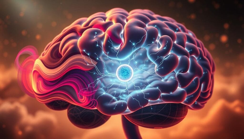 A serene brain-shaped landscape, its intricate neural networks illuminated by a soft, ethereal glow. In the foreground, swirling abstract forms depict the interplay of emotions - vibrant hues of joy, sorrow, and contemplation. The middle ground showcases a central decision-making process, represented by a luminous, pulsating orb amidst a network of branching pathways. The background fades into a dreamlike, neuroscientific atmosphere, with subtle hints of neurological activity casting a contemplative, introspective mood. The image is captured through a cinematic, slightly tilted lens, creating a sense of depth and immersion. Warm, muted tones and a soft, diffused lighting suggest the complexities of the human mind and the delicate balance between emotion, reason, and choice.