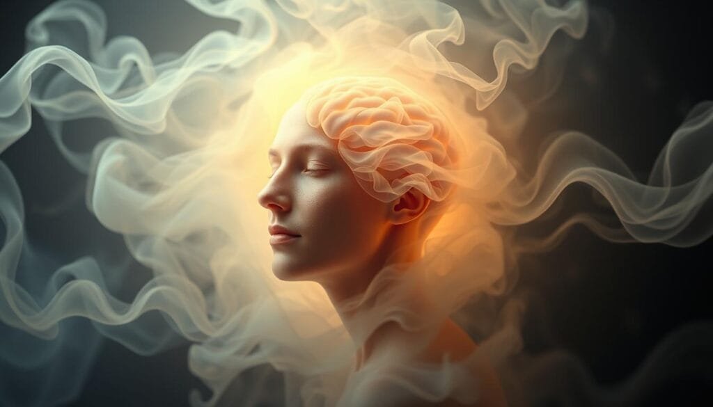 A serene, contemplative mind emerges from swirling, ethereal mists, its expression radiating a profound sense of introspection. Layers of thought and emotion manifest as translucent, gestural forms, hinting at the complex interplay between the inner and outer realms. Soft, diffused lighting casts a meditative glow, while the overall composition conveys the delicate, yet powerful, influence of suggestion on the human psyche and behavior. A sense of balance and harmony pervades the scene, inviting the viewer to ponder the hidden depths of the mind and its capacity for transformation.