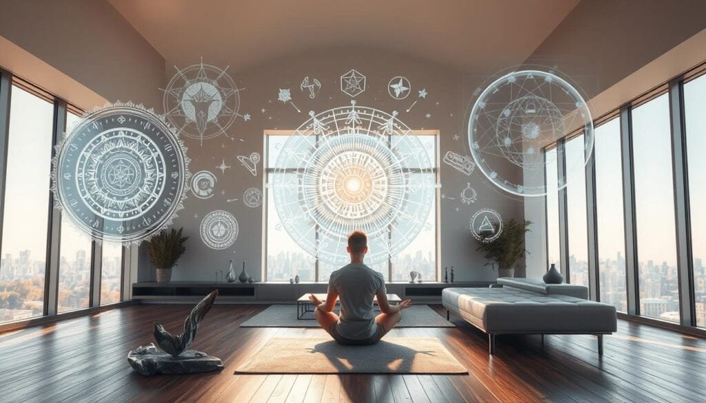 A serene modern living room, with sunlight streaming through large windows. In the foreground, a person sits cross-legged on the floor, deep in meditation, surrounded by an array of mystical symbols and crystals. Floating holographic projections of ancient prophecies and futuristic technologies dazzle the space, blending the old and new. The middle ground features sleek, minimalist furniture and a levitating, glowing orb that pulsates with esoteric energy. In the background, the city skyline is visible, hinting at the practical applications of these esoteric practices in the modern world. The overall mood is one of wonder, introspection, and the harmonious integration of the spiritual and the technological.