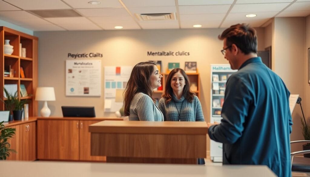 A serene psychiatric clinic interior, with a receptionist desk in the foreground, warm lighting, and a calming color palette. In the middle ground, a patient conversing with a mental health professional, their faces expressing empathy and understanding. The background features a display of mental health resources and information, conveying a sense of education and support. The overall atmosphere is one of trust, care, and a focus on holistic well-being.