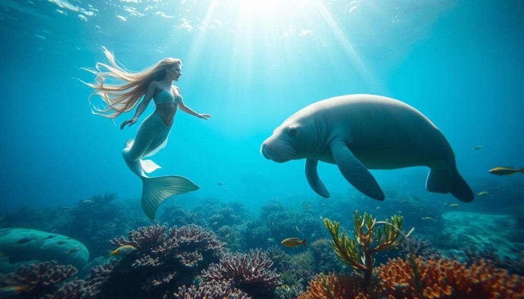 A serene underwater scene, with sunlight filtering through the crystal-clear waters. In the foreground, a graceful mermaid with long, flowing hair and a shimmering, fish-like tail glides effortlessly through the waves. Beside her, a manatee, its gentle, whiskered face and paddle-like flippers evoking a sense of tranquility. The middle ground is filled with vibrant coral formations, schools of tropical fish, and swaying seaweed. In the background, the silhouettes of larger marine creatures can be seen, hinting at the vast, unexplored depths of the ocean. The overall mood is one of enchantment and wonder, capturing the mystique and allure of these mythical and real-life aquatic beings.