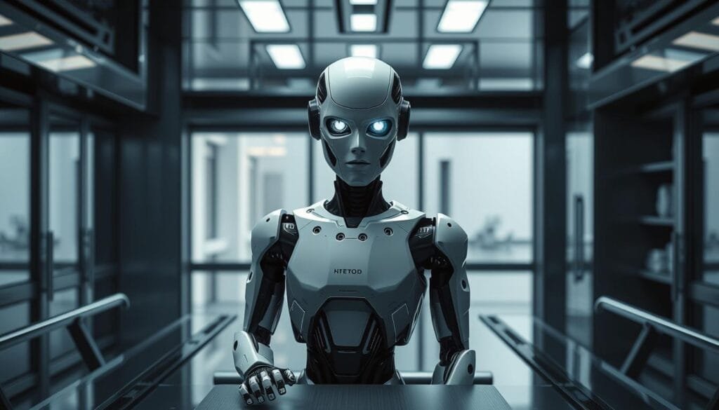 A sleek, high-tech laboratory setting, with a central desk or workstation where a humanoid robot stands in a pensive pose, its eyes glowing with an unsettling light. The background is a mix of metallic and glass surfaces, creating a sense of clinical precision and detachment. Soft, directional lighting casts dramatic shadows, emphasizing the robot's angular features and the tension in the scene. The atmosphere is one of unease, hinting at the ethical dilemmas and existential challenges posed by artificial intelligence. The composition should draw the viewer in, inviting them to ponder the complex relationship between humans and their AI creations.