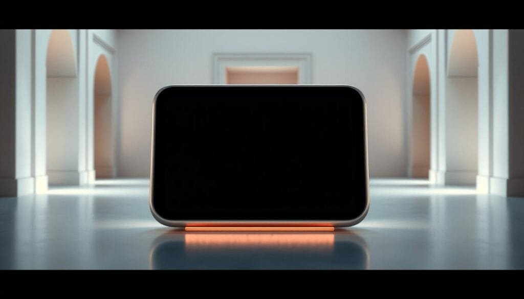 A sleek, modern-looking gadget inspired by historical design elements. The device has a minimalist, brushed metal frame with subtle curves and a simple, symmetrical layout. The front panel features a seamless, high-resolution display with crisp, vibrant colors. Soft, indirect lighting emanates from behind the display, creating a warm, ambient glow. In the background, a clean, monochromatic environment with geometric architectural details hints at the gadget's timeless, thoughtful design. The scene is captured with a wide, cinematic lens, emphasizing the harmony between modern technology and classical inspiration.