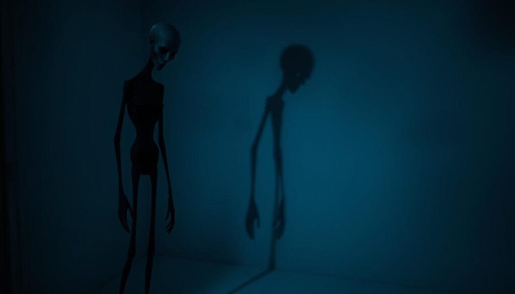 A slender, humanoid figure stands solemnly against a dimly lit, foreboding background. Its elongated, featureless face appears to be devoid of any discernible expression, while its thin, spindly limbs protrude unnaturally from a dark, shapeless body. The scene is bathed in an eerie, bluish-gray hue, creating an unsettling atmosphere of mystery and dread. The figure's presence looms ominously, casting a long, ominous shadow that seems to stretch on endlessly, hinting at its supernatural, otherworldly nature. The overall composition evokes a sense of unease and the persistent allure of urban legends that have captivated the public imagination.