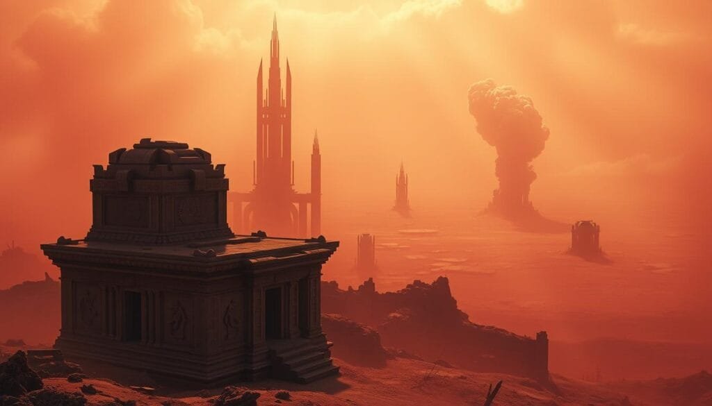 A sprawling, apocalyptic landscape shrouded in an ominous, reddish haze. In the foreground, a crumbling, ancient temple with intricate carvings and symbols that hint at mysterious, esoteric knowledge. Towering, otherworldly structures loom in the middleground, their geometric forms casting long shadows across the desolate terrain. In the distance, a horizon line consumed by billowing plumes of smoke, suggesting the collapse of civilizations. The overall atmosphere conveys a sense of foreboding, as if the world itself is on the brink of a cataclysmic transformation. Lighting is dramatic, with shafts of eerie light breaking through the hazy atmosphere. The camera angle is low, lending a sense of awe and insignificance to the viewer in the face of these apocalyptic visions.