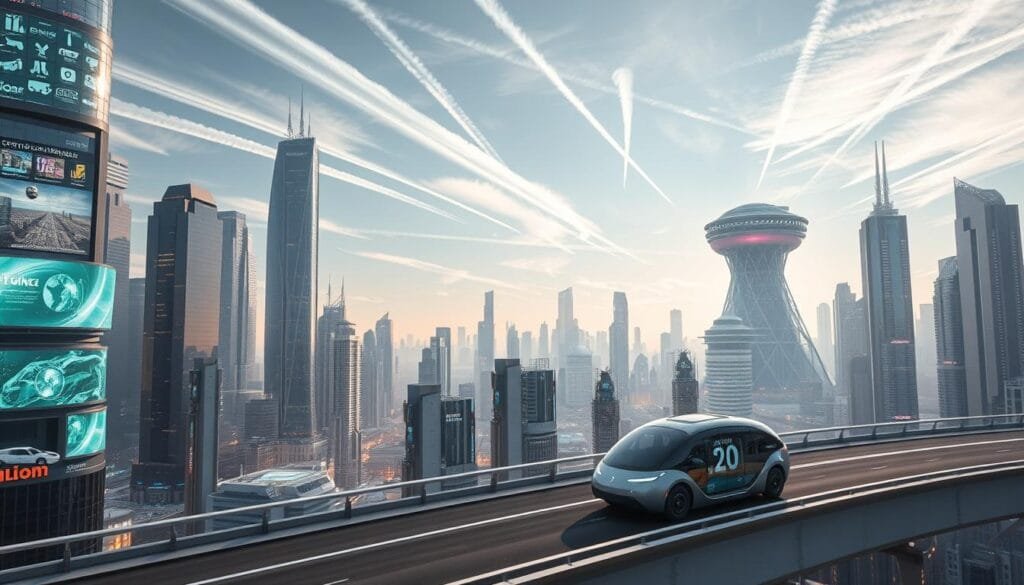 A sprawling cityscape of gleaming skyscrapers, alive with holographic billboards and neon-lit skyways. In the foreground, a sleek autonomous vehicle glides along the elevated roadway, its occupants immersed in virtual displays. The sky above is streaked with contrails, hinting at the advanced aerospace technologies of the future. Towering in the distance, a massive domed structure houses a fusion reactor, its core pulsing with limitless, clean energy. The overall scene conveys a sense of technological wonder and boundless potential, a vision of the world to come.