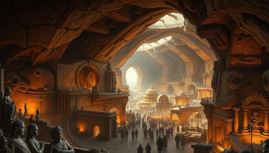 A sprawling underground metropolis carved from the earth, its towering structures and winding passageways illuminated by a warm, otherworldly glow. In the foreground, ancient statues and artifacts hint at the rich cultural heritage of this hidden civilization. The middle ground reveals a bustling marketplace, where merchants peddle their wares in the soft light. In the background, grand arched ceilings and intricate architectural details suggest a complex network of subterranean chambers and tunnels, each with its own unique history and purpose. The overall scene conveys a sense of mystery, wonder, and the enduring resilience of human ingenuity, even in the most unlikely of environments.
