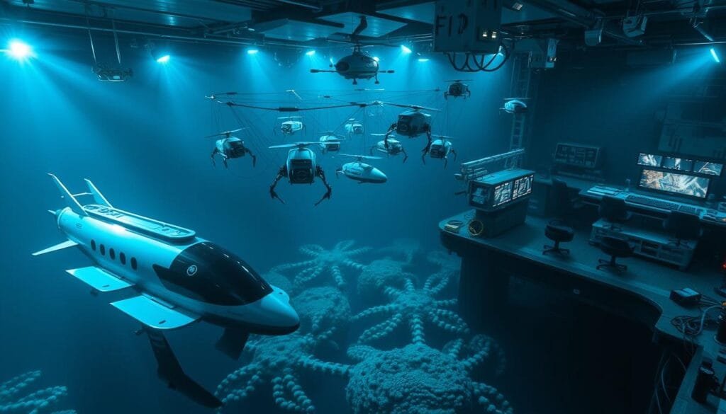 A sprawling underwater laboratory, illuminated by powerful spotlights, showcases an array of cutting-edge marine exploration technologies. In the foreground, a high-tech submersible vehicle with sleek, hydrodynamic lines prepares to dive into the depths, its robotic manipulators and sensors ready to gather data and samples. In the middle ground, a network of tethered autonomous underwater vehicles (AUVs) and remotely operated vehicles (ROVs) hover and maneuver, their cameras and sensors mapping the seafloor and documenting the mysterious creatures that lurk in the inky blackness. In the background, a sophisticated command center with multiple display screens and monitoring systems oversees the entire operation, guiding the exploration and analyzing the wealth of data being collected. The scene conveys a sense of cutting-edge technology, scientific curiosity, and the human drive to uncover the secrets of the deep ocean.