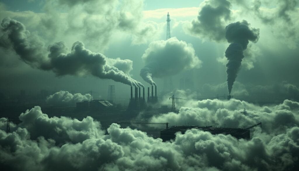 A sprawling vista of greenhouse gases, with an eerie, glowing haze permeating the atmosphere. In the foreground, swirling plumes of carbon dioxide, methane, and nitrous oxide billow and twist, their translucent forms casting an ominous shadow over the landscape. The middle ground is dominated by towering smokestacks and industrial complexes, belching thick, dark smoke that obscures the horizon. In the background, a bleak, dystopian cityscape emerges, its skyscrapers and infrastructure shrouded in a dense, polluted fog. The lighting is stark and dramatic, creating a sense of unease and foreboding. The overall composition conveys the profound impact of greenhouse gases on the environment, a stark visual representation of the climate crisis.