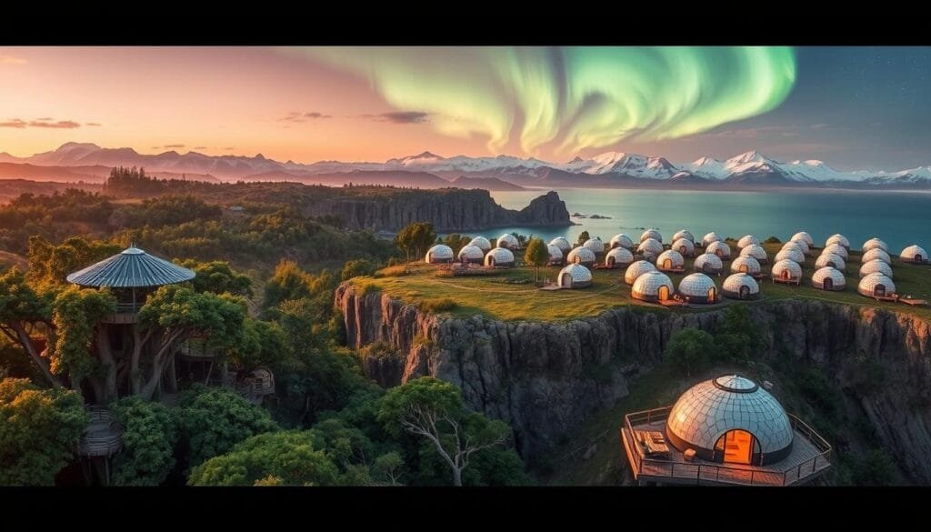 A sprawling vista of the world's most unique and extraordinary accommodations, captured in a panoramic scene. In the foreground, a fantastical treehouse resort nestled among lush, verdant foliage, its organic architecture blending seamlessly with the natural surroundings. In the middle ground, a series of futuristic, pod-like dwellings perched atop cliffs, offering breathtaking views of a rugged coastline. In the distance, a cluster of cozy igloos glistening under the ethereal glow of the northern lights, their domed silhouettes contrasting with the pristine, snow-capped peaks. The entire scene is bathed in a warm, golden light, creating a sense of wonder and enchantment, as if stepping into a fantastical, otherworldly realm.