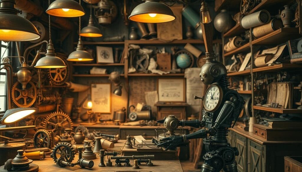 A sprawling workshop filled with a myriad of bizarre, forgotten inventions - gears, levers, and strange contraptions cover every surface. Antique lamps cast a warm, amber glow, illuminating the room's eclectic mix of materials and textures. In the foreground, a clockwork automaton tinkering with an improbable device, its intricate mechanisms visible. Shelves in the background hold crumpled blueprints, tarnished tools, and half-finished prototypes, hinting at the creative genius and quirkiness of the inventors who once occupied this space. The overall scene conveys a sense of wonder, ingenuity, and the relentless pursuit of the unconventional.