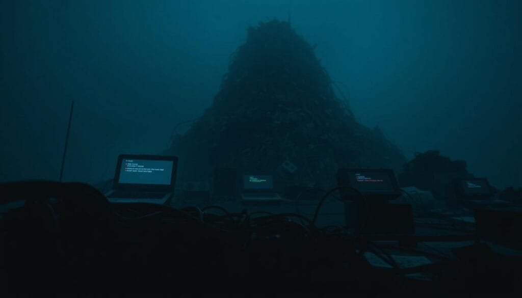 A stark, gloomy scene depicting the key factors contributing to technological failures. In the shadowy foreground, a tangled web of wires and circuits symbolizes the complexities that overwhelm innovators. The middle ground showcases outdated or obsolete devices, their screens flickering with error messages, suggesting a lack of foresight and adaptability. In the hazy background, a towering pile of discarded prototypes and abandoned projects looms, casting an ominous shadow over the entire composition. The lighting is somber, with a bluish tint accentuating the sense of melancholy and disillusionment. The overall atmosphere conveys the sobering realities faced by those who dare to push the boundaries of technology, where missteps and dead ends can spell the downfall of even the most promising innovations.