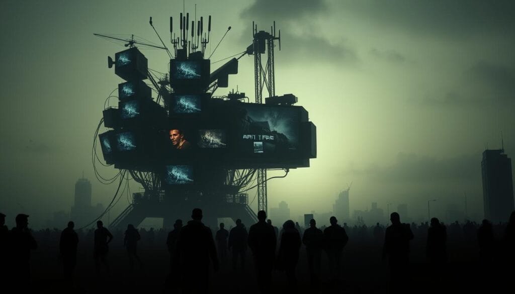 A stark, ominous landscape dominated by a towering, manipulative media apparatus. In the foreground, a cluster of TV screens and radio transmitters emit distorted, fear-inducing images and sounds, casting an oppressive shadow over the scene. The middle ground is shrouded in a hazy, unsettling atmosphere, with silhouettes of people seemingly hypnotized by the constant barrage of negative, sensationalized information. The background fades into a bleak, dystopian cityscape, devoid of hope and individuality. Dramatic lighting creates deep, dramatic shadows, heightening the sense of foreboding and the media's sinister influence. An unsettling, almost claustrophobic composition that visually encapsulates the negative biases and harmful narratives perpetuated by the modern media landscape.