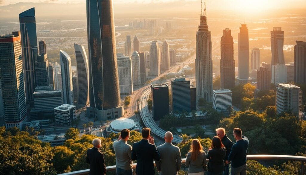 A strategic cityscape of intelligent architecture, where towering skyscrapers and sleek, futuristic buildings are interwoven with lush, verdant landscapes. The scene is bathed in a warm, golden glow from the setting sun, casting long shadows across the urban landscape. In the foreground, a team of business leaders and tech innovators gathers, engaged in a lively discussion as they navigate the challenges and opportunities of the AI-driven future. The atmosphere is one of innovation, collaboration, and a sense of possibility, reflecting the dynamic nature of the "Estrategias y Consejos para Líderes en la Era de la IAG" section.