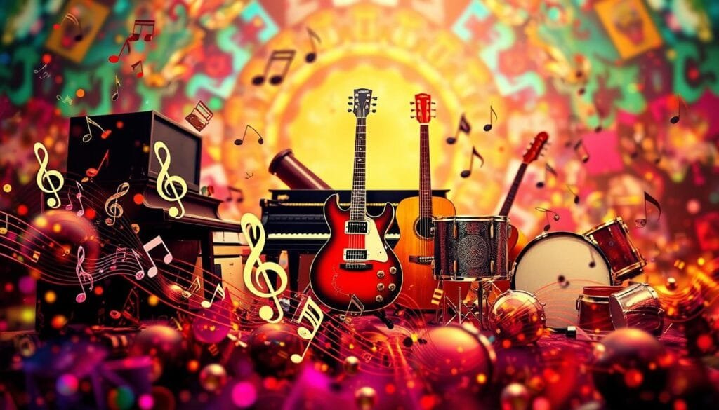 A striking collage of iconic musical symbols and elements, rendered with vivid clarity and attention to detail. In the foreground, a mesmerizing array of musical notes, clefs, and rhythmic patterns float and dance, their movement evoking the infectious melodies that captivate listeners. In the middle ground, a collection of classic musical instruments - a guitar, a piano, a drum - stand as emblems of the creative process behind these catchy tunes. The background is a kaleidoscopic blend of vibrant colors and abstract patterns, hinting at the science and psychology that underpin the human fascination with earworms. Warm, diffused lighting casts a glow over the entire scene, cultivating a sense of wonder and inspiration. The composition is balanced and harmonious, mirroring the captivating nature of the subject matter.