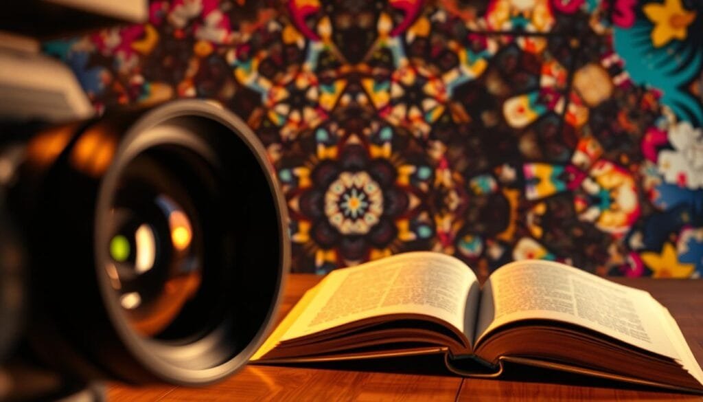 A striking visual representation of the power of narrative shifts in culture and cinema. In the foreground, a cinematic camera lens captures a dramatic scene, its focal point blurred to emphasize the narrative focus. In the middle ground, a kaleidoscope of overlapping film reels and book pages symbolize the interplay of storytelling across mediums. The background is a vibrant, abstract tapestry of bold colors and dynamic shapes, evoking the transformative impact of unconventional narratives on the cultural landscape. Warm, cinematic lighting casts a captivating atmosphere, inviting the viewer to explore the depth and nuance of this impactful visual metaphor.