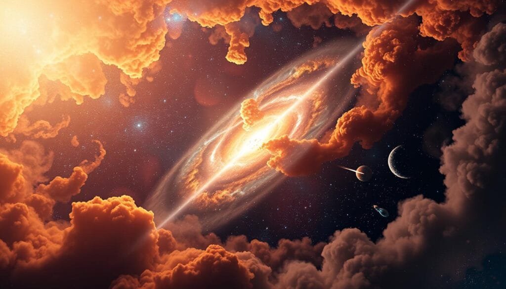 A stunning celestial landscape of intertwining celestial bodies and cosmic phenomena. In the foreground, two celestial entities, a comet and a nebula, appear to interact, creating a mesmerizing display of light and energy. The middle ground is filled with swirling galaxies and distant stars, hinting at the vast and interconnected nature of the universe. The background is a rich tapestry of colorful, dynamic clouds of interstellar dust and gas, illuminated by the glow of unseen celestial bodies. The scene is bathed in a warm, ethereal light, creating a sense of awe and wonder. The composition is balanced and harmonious, drawing the viewer's eye to the central point of interaction between the comet and the nebula.
