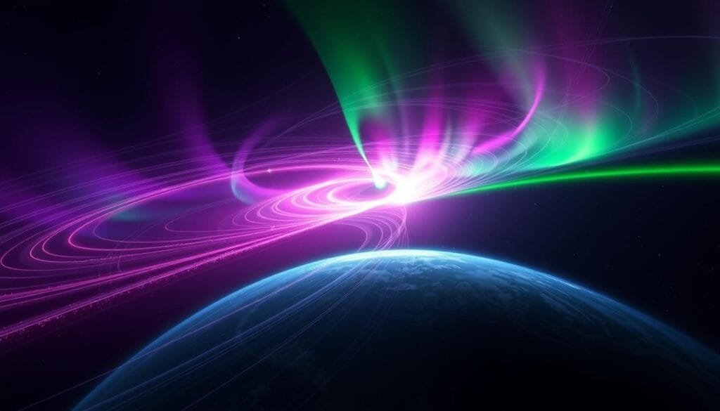 A stunning, photorealistic view of the Earth's magnetosphere, capturing the intricate patterns and dynamic interactions of this powerful natural phenomenon. The scene depicts the Earth's magnetic field, visualized as a shimmering, ethereal veil of light and energy, undulating and pulsing in response to solar activity. In the foreground, vibrant ribbons of aurora borealis dance across the night sky, their colors ranging from vivid greens to deep purples, casting an otherworldly glow on the planet below. The middle ground showcases the complex structure of the magnetosphere, with lines of magnetic force visible as delicate, luminous filaments. In the background, the vast expanse of space is visible, dotted with distant stars and the subtle curves of the Earth's horizon. The overall impression is one of awe-inspiring beauty and the immense power of the natural world.